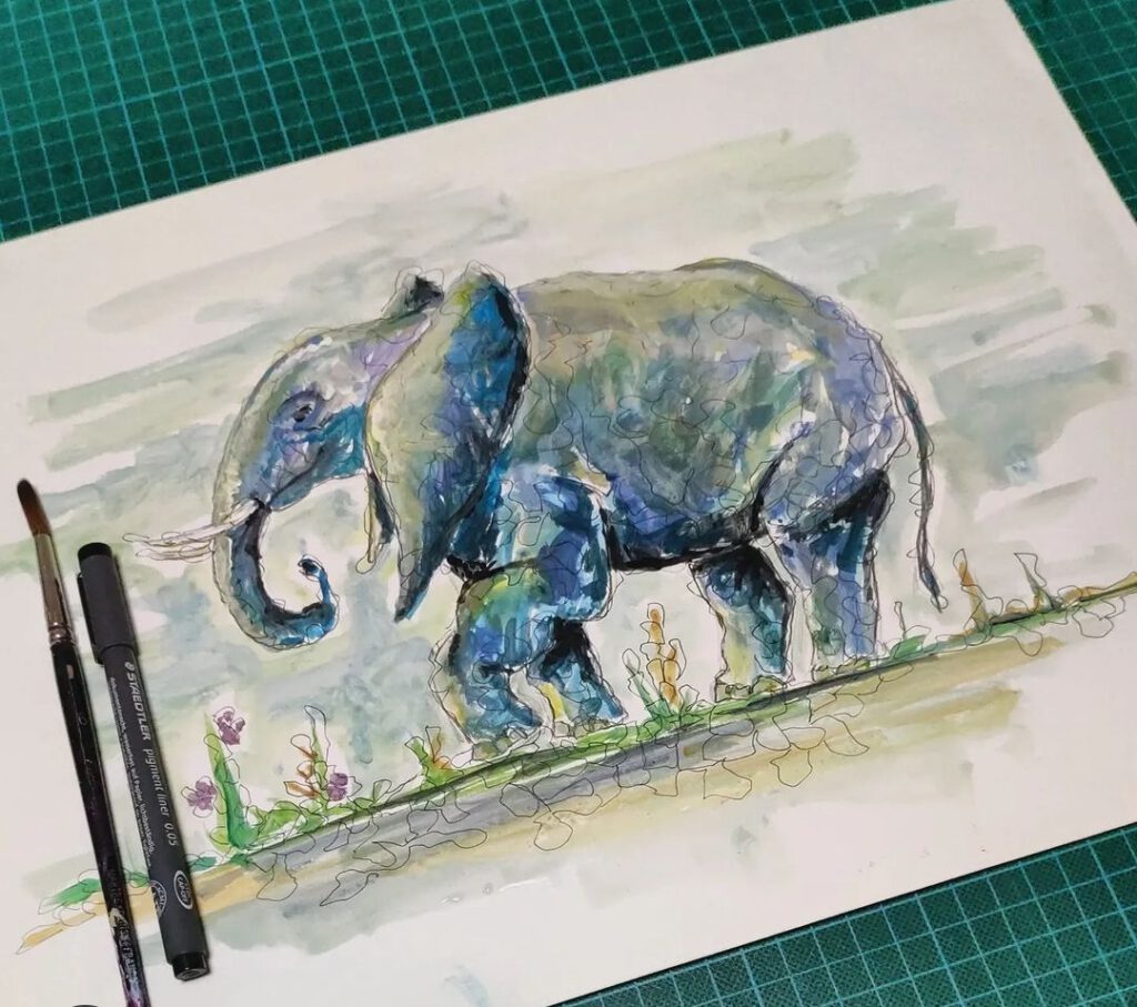 Technique acrylique éléphant peinture animalière Silke Host