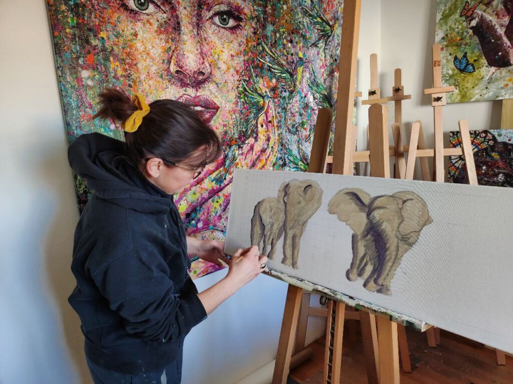 Technique acrylique éléphant peinture animalière Silke Host