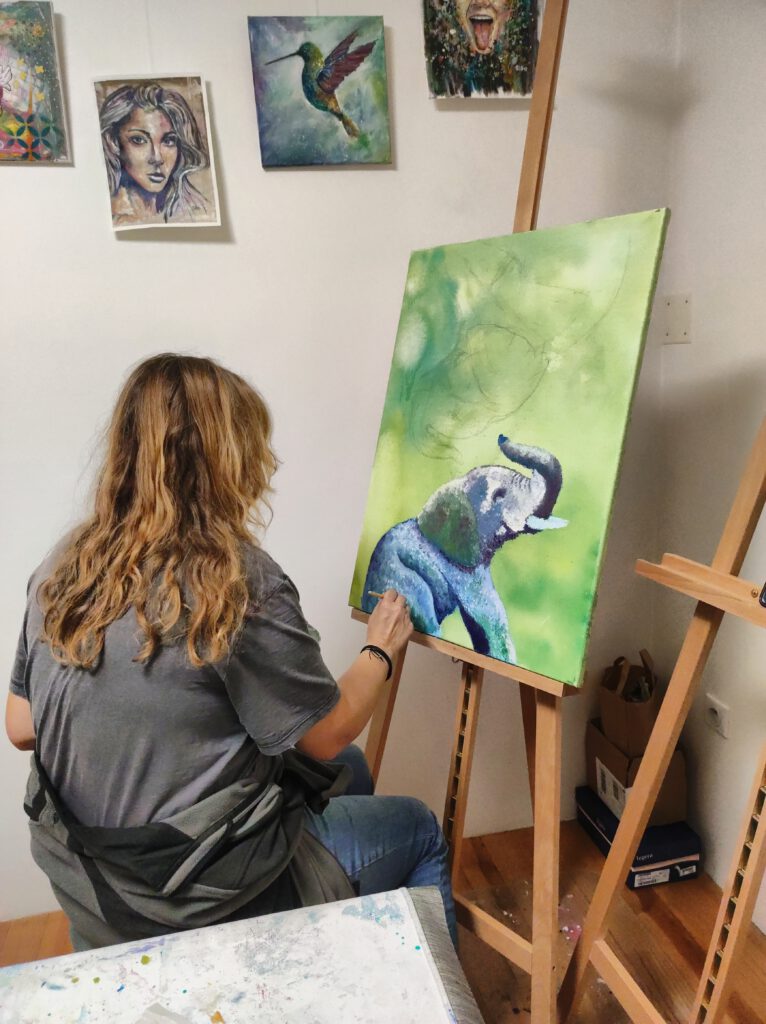 Technique acrylique éléphant peinture animalière Silke Host