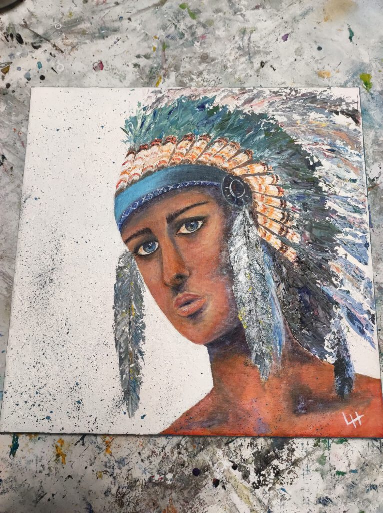 Coiffe indienne à plumes Peinture acrylique Silke Host