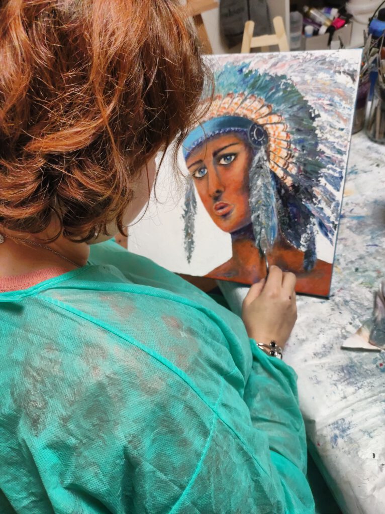 Coiffe indienne à plumes Peinture acrylique Silke Host