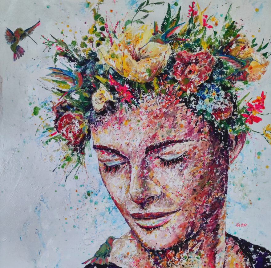 Acrylic technique hummingbird romantic portait painting flowers Silke Host