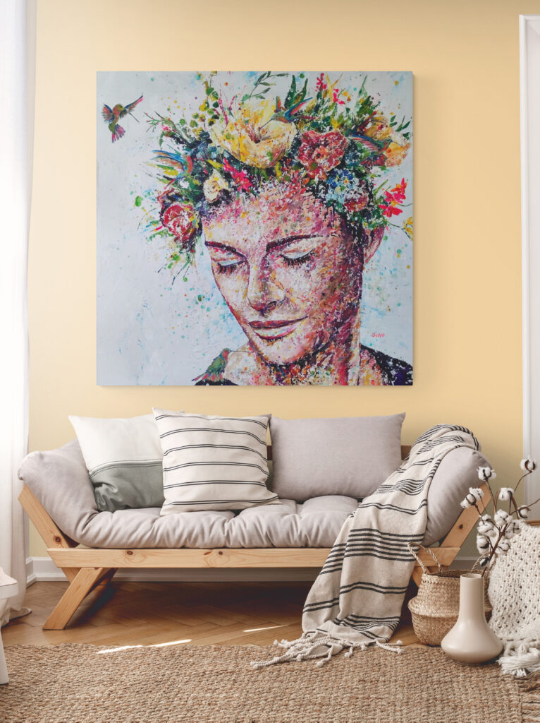 Acrylic technique hummingbird flowers portrait Art Silke Host