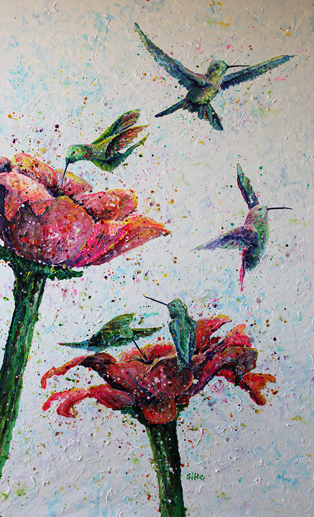 Hummingbirds Flowers Painting Acrylictechnique Silke Host